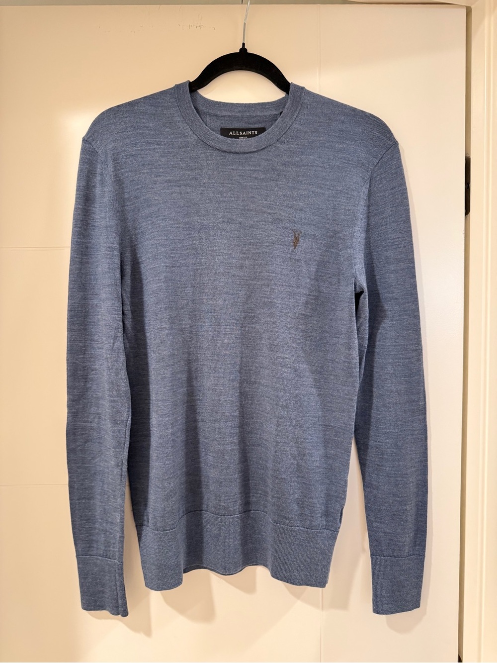 Allsaints Men’s Mode Merino Crew Neck Ramskull Blue Sweater Size Small